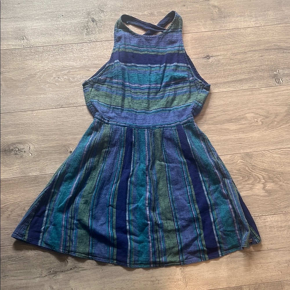 Roxy Blue Green Halter Pleated Sundress